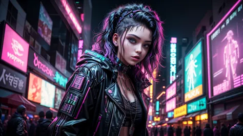 Booth with a Christian DJ man, She wore an open black leather jacket, Around his neck a crucifix, wearing neon decorations in her hair. She wore an open black leather jacket. ((Vaporwave,  cyberpunk ,  futuristic style ))