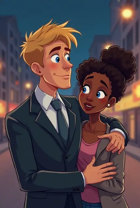 White man with blond hair wearing a suit and blue eyes with his arm around the shoulders of a dark-skinned young black woman she looks surprised they are on the illuminated street the image is in cartoon style