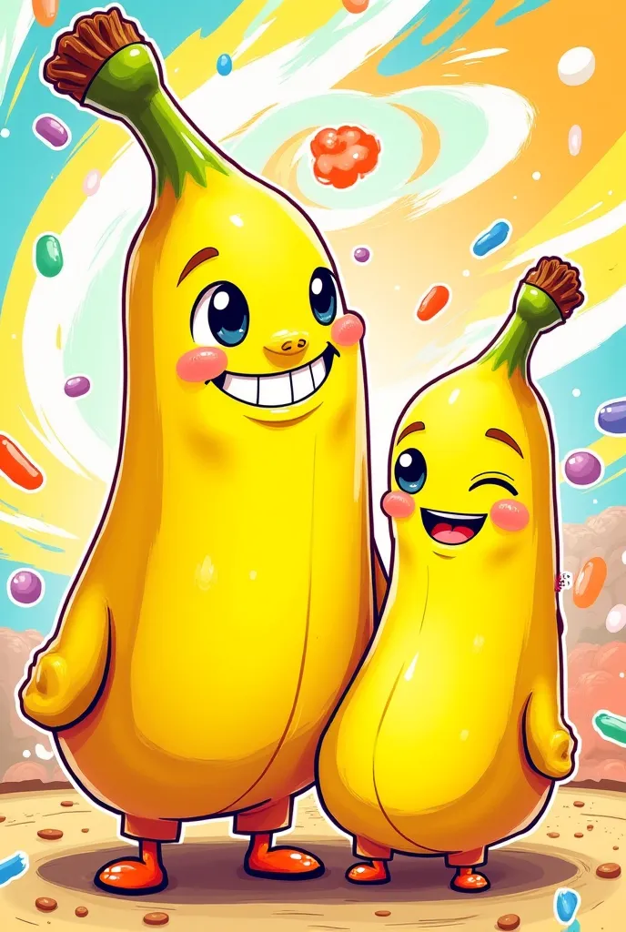 Japanese manga style，banana，Smile，One taller and one thinner