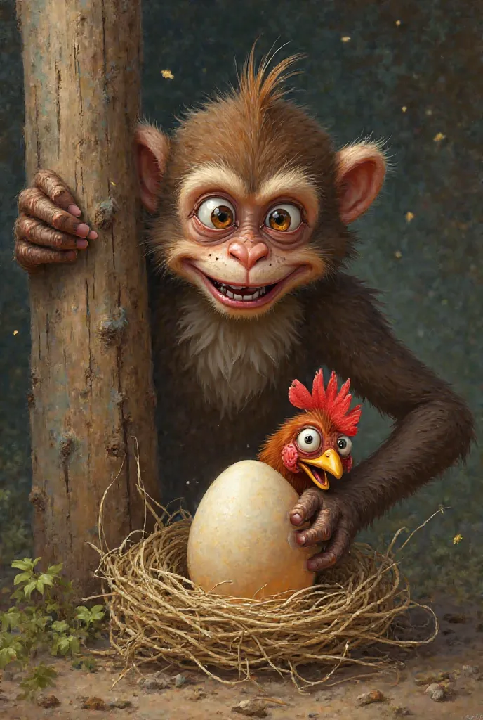 "A sneaky monkey with a mischievous grin, carefully stealing an egg from the hen’s nest. The hen is hiding behind a wooden post, watching with wide, shocked eyes."