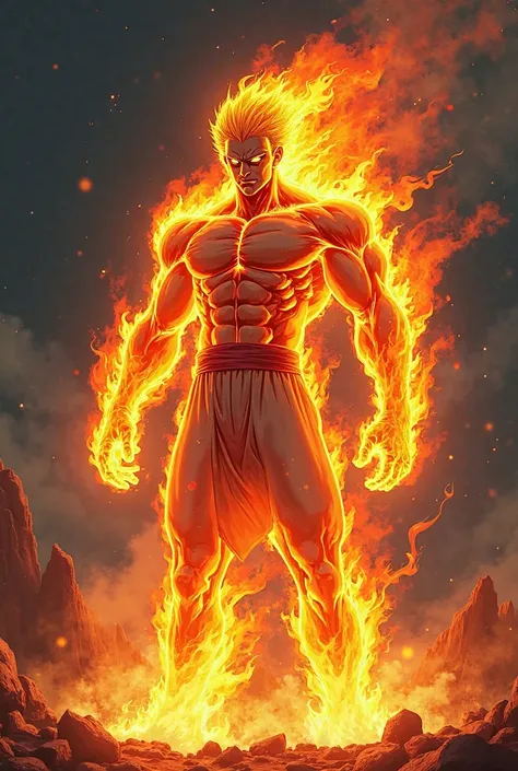 A male anime character made of fire