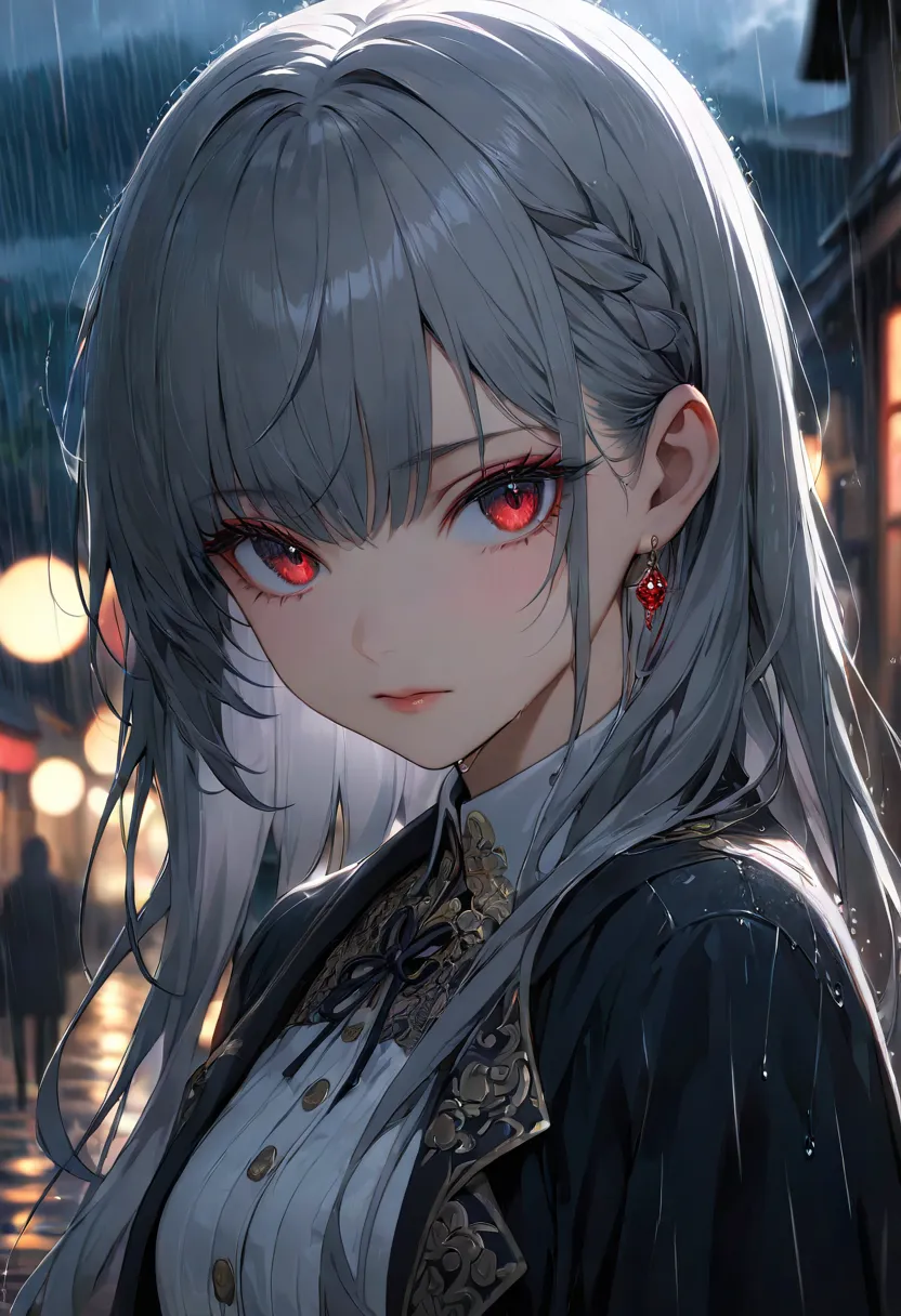 masterpiece, best quality, very detailed, Cinematic Lightning, intricate details, Hi-Res, official art, beautiful, delicately drawn face and eyes, Hi-Resのイラスト, 8k, depth of field, Bokeh, Alone, 1 girl,  girl with gray hair and red eyes , Long Gray Hair,  b...