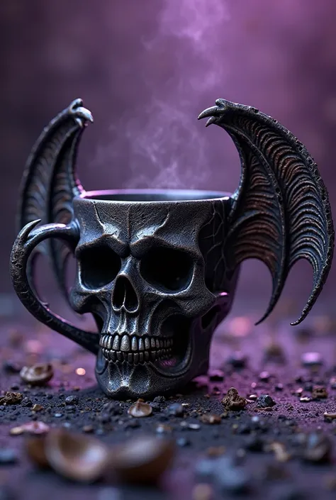 A cup of coffee, shaped like a skull with wings that is breaking with a dark purple background 