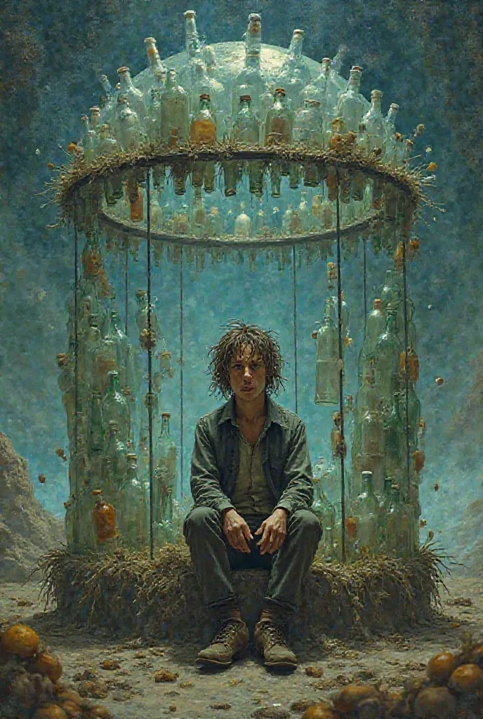 The planet of the drinker from the story The Little Prince where you can see the drinker, a messy-looking subject,  pot, in a cage of many glass bottles 