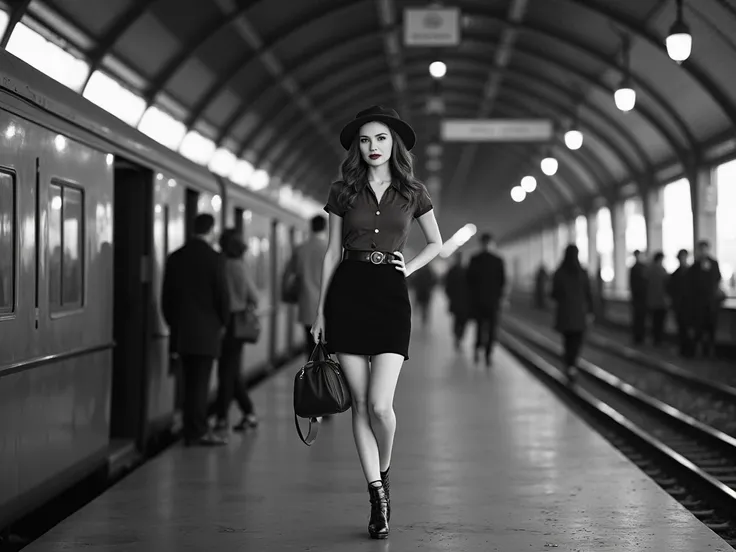 realistic photo, high definition. 1930s style ,  black and white photo  . a young woman, European, long brown hair, brown eyes,   round lenses , Slim body, wide eyebrows, small lips,   THIN ROUND FACE EYEBROWS . She's wearing a miniskirt, high heel shoes, ...