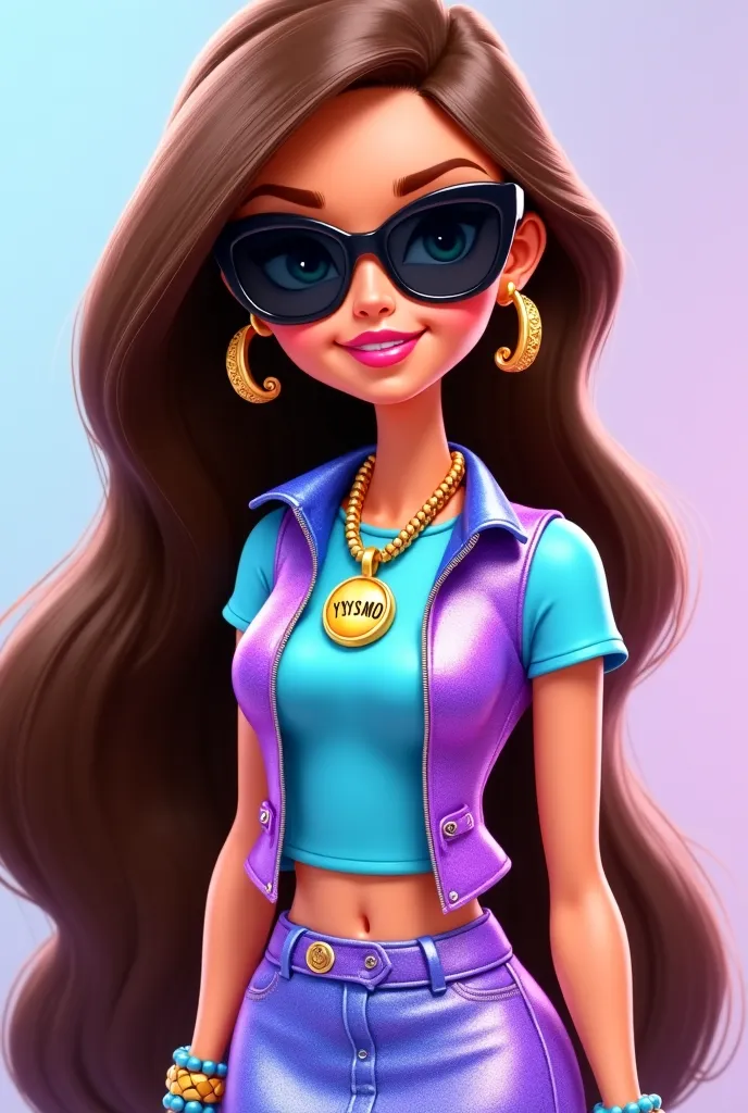 Create a cartoon-style image of a bratz long hair light brown green eyes subtle makeup and Wear a striking outfit consisting of a light blue short-sleeved t-shirt, a shiny iridescent purple vest with light blue  (that appear to have a metallic or shiny fin...