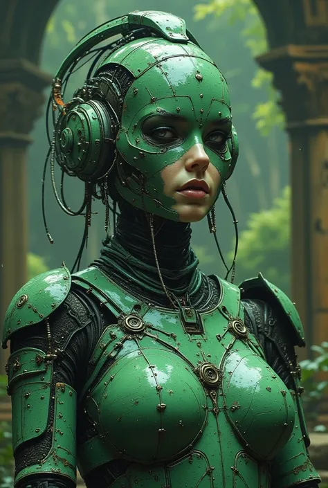 A robot with a female body. mechanical face, robot face. non-human_face, body looks like green medieval armour, sexy