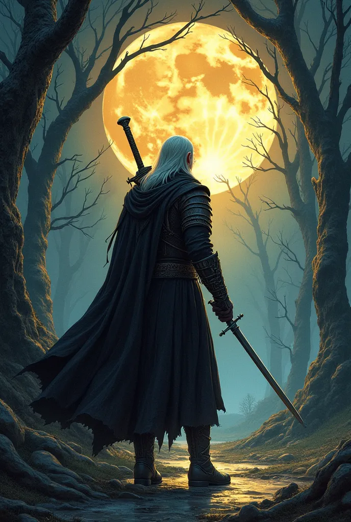 draw a new cover of the witcher The last wish made by Andrzej Sapowski and include stuff tells what the book is about as the cover, show main character, setting that represents where it is located, something that reflects the mood of the book, symbolism an...