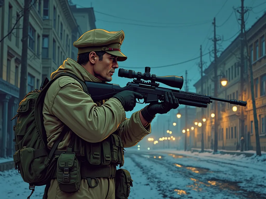 A Soviet sniper at the time of the Cold War on his way to fight an overnight battle in the city called Bolero, Desert color uniform, Picture in cartoon format