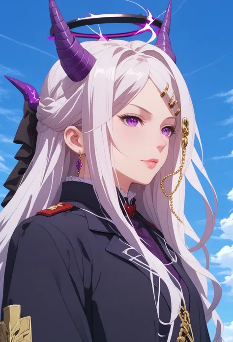 (((  Sorazaki Hina)))、(((  Silver Hair)))、((( long hair)))、(((dark purple clothes)))、(((purple and black halo on the head)))、(((Purple Horn)))、(((dark purple long coat)))、((( )))、(((((blue sky)))))、(((((Turf)))))、{{{NFSW}}}、{{{masterpiece}}}, {{{Best Quali...