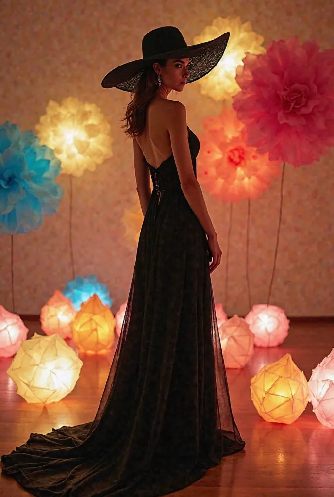 Wearing an elegant and sophisticated black long dress、Full-body portrait of a woman wearing a stylish asymmetrical cocktail hat、Standing in a square room、The whole room is surrounded by colorful paper flower decorations、Installation art with polyhedral lig...