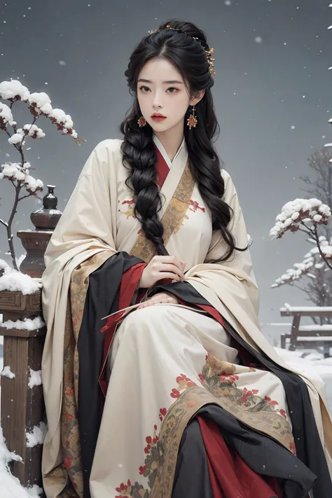 moon, night ,long hair,full moon,1 girl,null,snow,outdoor,  black hair,Hanfu,is sitting, night  null,animal,Wolf,tree,snowing, Long Sleeve,Wide Sleeve,winter,Chinese clothes,bangs,bare tree,side lock,very long hair,fur trim,star (null),cloud,steam, jewelry...