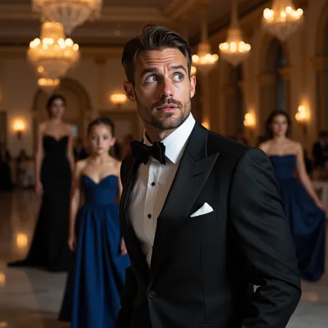 A sharply dressed man looks on with wide eyes, expressing surprise or admiration, in a spacious venue featuring elegant decor. The lighting is soft yet dramatic, with multiple chandeliers casting a warm glow on the polished floor. In the background, a stri...