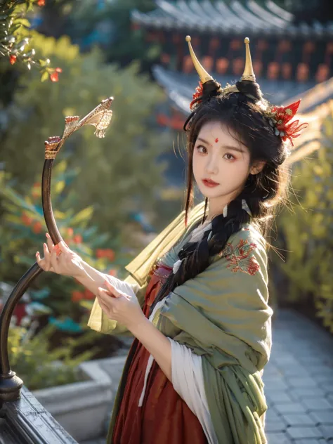 Appear，Xing Xian，，Tree roots growing on her head，Green jasper，Red face, rouge。Starry eyes still bright，The moth's eyebrows are beautifully trimmed。The bottom line is a five-color plum light red dress，Putting on armor and armor-like clothing。Bow shoes, curv...