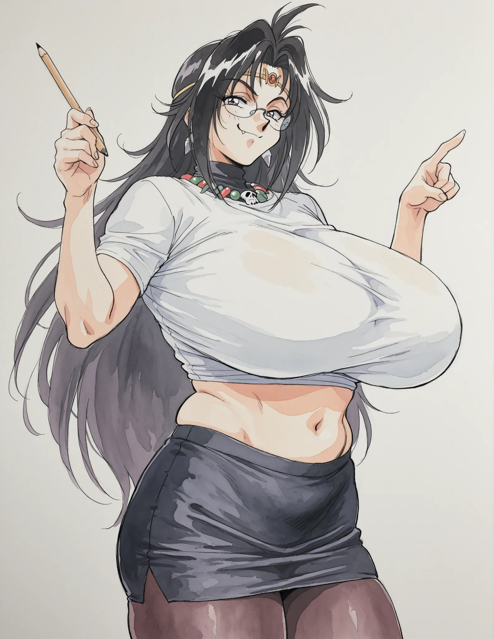 1girl, ((solo, alone)),  naga the serpent, purple eyes, retro artstyle, 1990s \(style\) , black hair, smug, fang, white shirts, tite pencil skirt, glasses, pantyhose, Pointing Stick, gigantic breasts, huge butt, glamor, toned stomach, plump, curvy, deep sk...