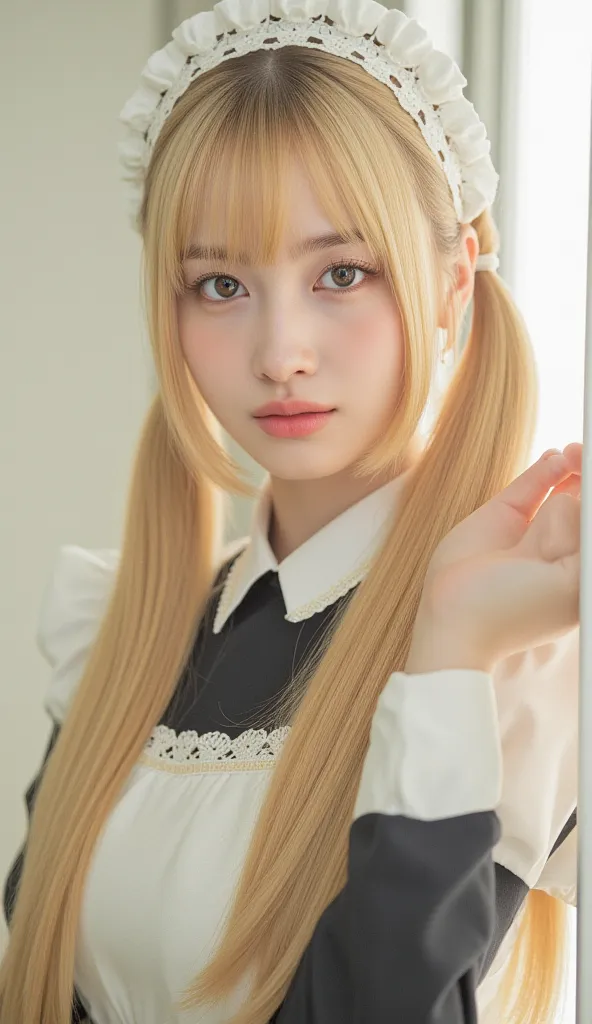  Silky Smooth Hair 、blonde long hair、hairstyle is straight、long hair that reaches the chest、、maid clothes、twin tails、