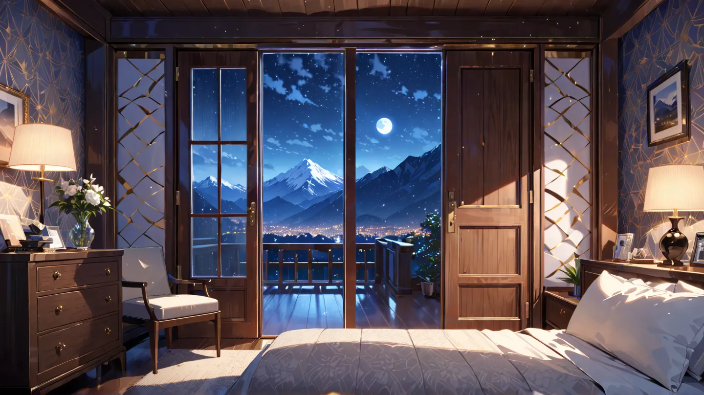 Bedroom, White patterned wall, a wood door, window with mountain view, in the night, moonlight , [(blurred background:1.2)::0.2], (indoor background:1.2), newest, highres, illustration, incredibly absurdres, ultra detailed, masterpiece, best quality, strai...