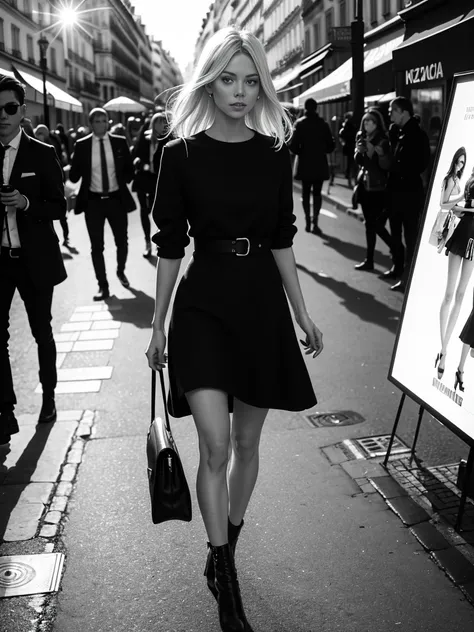 A female focus, Swedish model walking down a busy city street wearing a dress, proportion of fashion models, a black and white photo, In Paris, standing In Paris, (paparazzi), street photography style, The photo is Leica Summilux 35mm, (lens flare), channe...