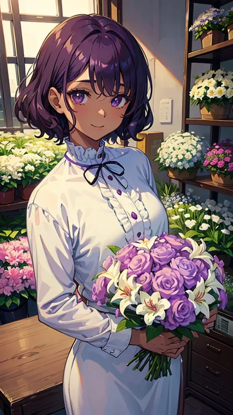 anime,  everyday wear、A beautiful young man with curly hair like a woman with short bob hair、、 Lily Bouquet 、Inside the flower shop、dark brown skin、 purple hair、smile、Big cat eyes、ivory high neck shirt、Don&#39;t show your breasts、blue-purple long skirt、A f...