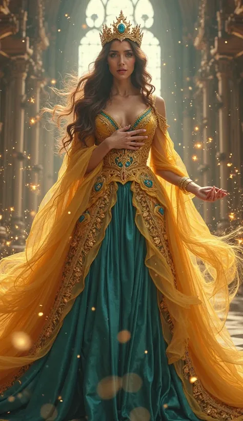 A striking, full-body depiction of a newly transformed, powerful queen, the fusion of Belle and Jasmine, standing regally in a grand, fairytale-inspired castle. Her hair, a magnificent blend of Belle’s golden waves and Jasmine’s dark, luxurious locks, flow...