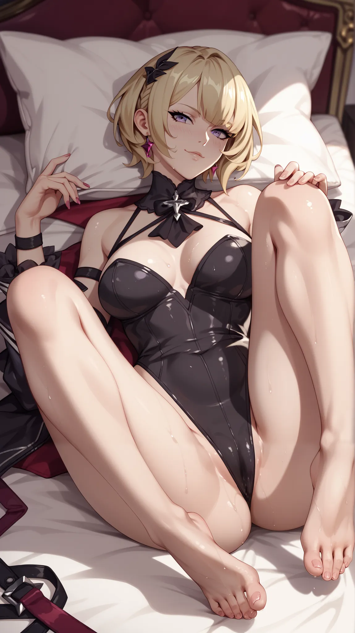 1girl, Evelyn Chevalier, (//zenless zone zero//), wearing black leotards, purple eyes, short hair, blond hair,blushing, horny face, legs spread, bare foot, lying in bedroom, absurdres, horny face, sweaty,