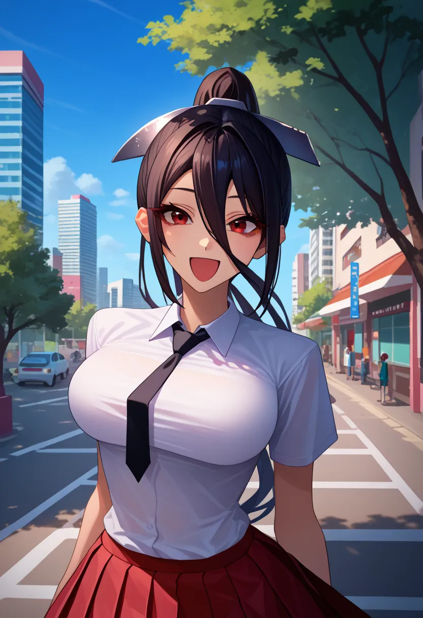  score_9,  score_8_up,  score_7_up,  score_6_up,  source_anime, 1 girl, Alone, Rukanra ,   black hair,  high ponytail,  o, Red Eyes, HAIR ACCESSORY, white shirt, color shirt, black tie, red skirt, pleated skirt, Big Breasts,  Is Watching You, happy, city, ...