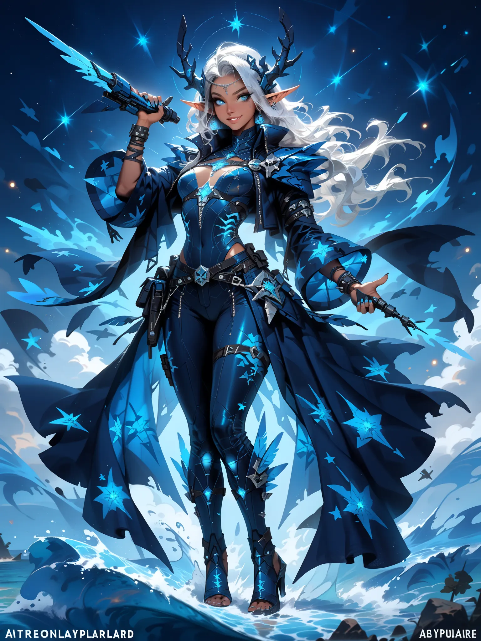 (from front, full body, look at viewer) beautiful witch( Charming Smile ,  Silver Hair,brown skin,slender on the background,curved proportions),((dynamic pose shooting a blue glowing shooting a blue glowing water orbs from her hand in front, cinematic ligh...