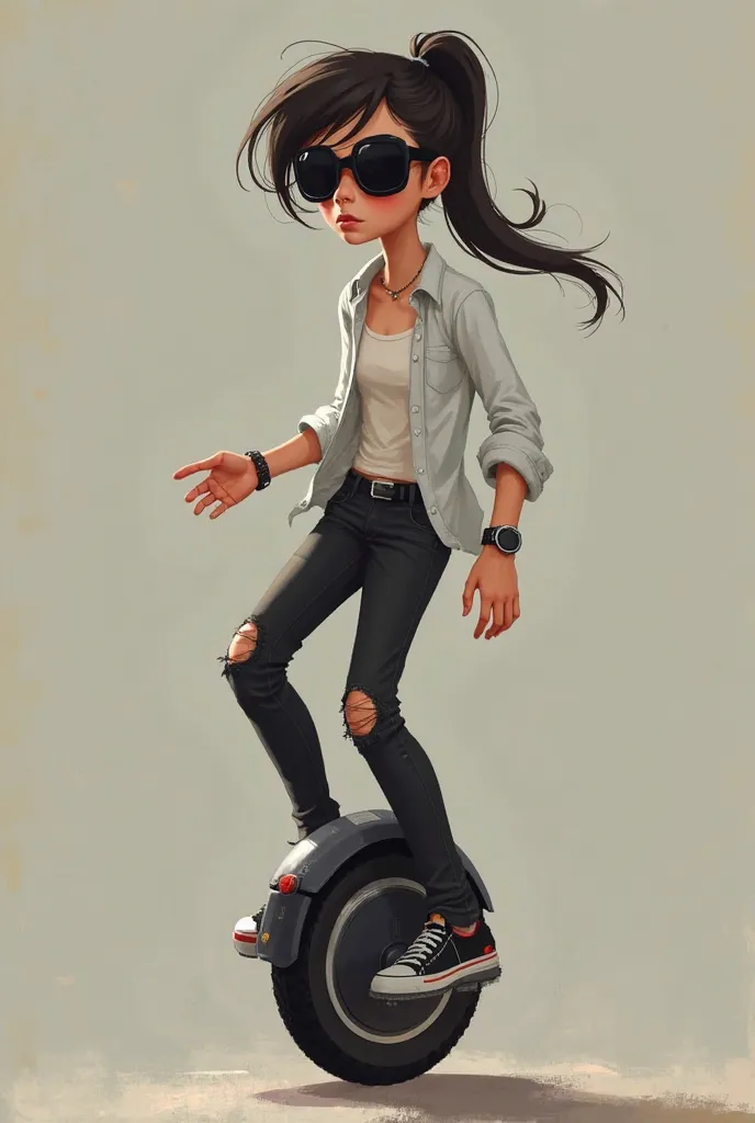 A skinny looking girl, watch in hand, white shirt, half-unbuttoned shirt, unbuttoned shirt sleeves, ripped black pants, big haired black sunglasses with mustache eyes, Age about 17, Riding an electric unicycle, model similar to s by Kingsong.