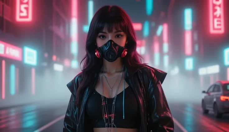 ((ultra-realistic, full body, depth of field, photorealistic, cinematic, noir ghotic futurist, dystopic, ultra-detailed textures, cyberpunk trhiller, dynamic lighting, intricate details)), a cyberpunk woman with straight black hair with bangs, wearing head...