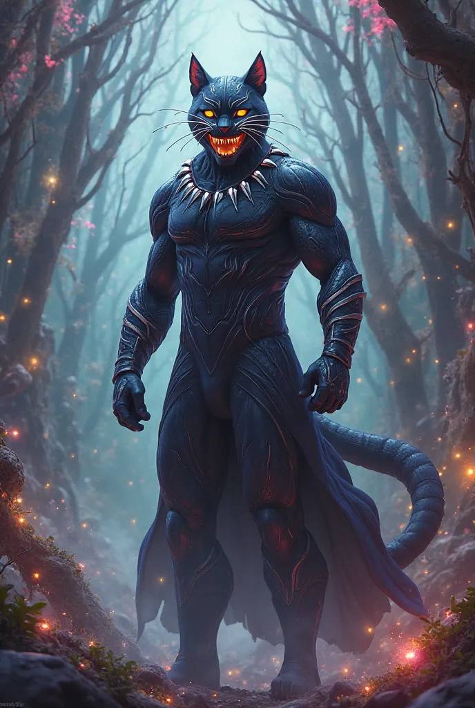 Black Panther from marvell comics, smiling Cheshire cat from Alice in Wonderland