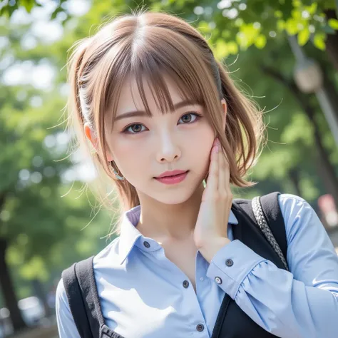 ((8K wallpaper)),((blond hair)),((short ponytail)),((big breasts,Big Breasts)),(( beautiful Japanese girl)),((University Campus Background)),((colorful manicure for nails)),((earrings, necklaces)),smiles, ribbons, ((Wearing a blue blouse)),((wearing a blac...