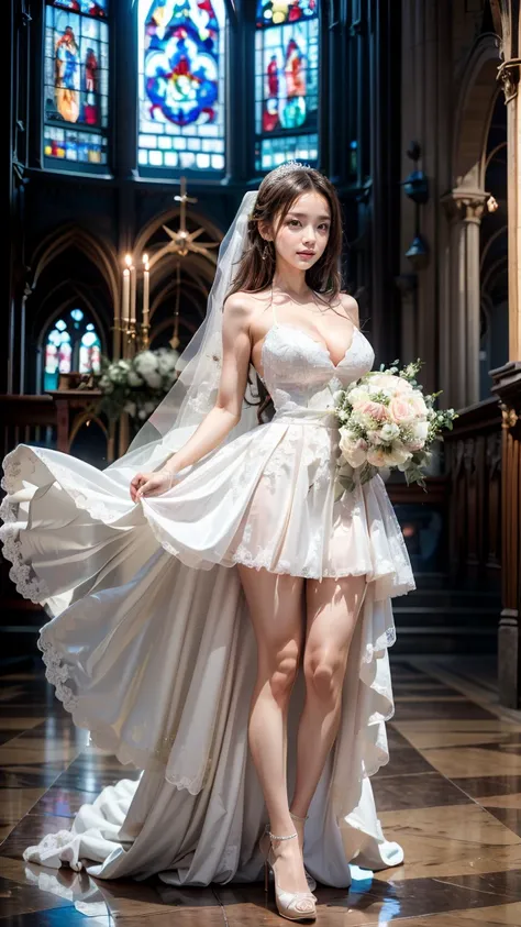 A beautiful young Japanese woman, 26 years old, with healthy thighs, beautiful legs, flawless skin, random hair color and style, large breasts, wearing a (wedding dress:1.3), (she is standing:1.2), full body shot, high heels, holding a bouquet in her hands...