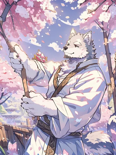 Back mountain，Under the cherry blossom trees，Wolf Orc，Handsome，furry，white fur，affectionate eyes，god，Holding a white bamboo umbrella，ancient white coat，山god，柔和眼god，Handsome，high， sunshine，Vision，Reach out to the sky and follow the cherry blossoms，大Under th...