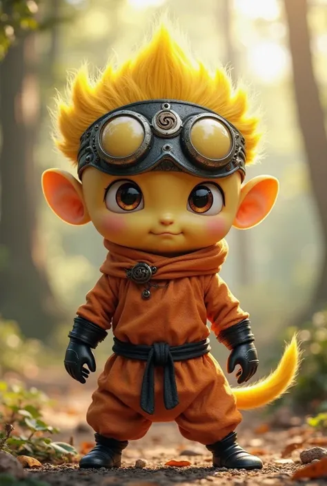 ### **Prompt 1: Reprodução fiel da imagem**  
*"A detailed 3D-rendered digital illustration of a small yellow creature with round goggles and spiky golden hair, dressed in an orange and black ninja outfit inspired by Japanese anime. The character has a met...