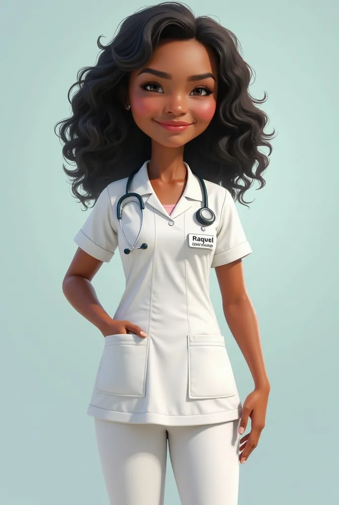 A woman who is a nurse and clearly showed the name Raquel on her label, dark skinned , dark, molded eyes,  medium black curly hair . wearing nurse clothes , full body image.  Pixar style.  standing.