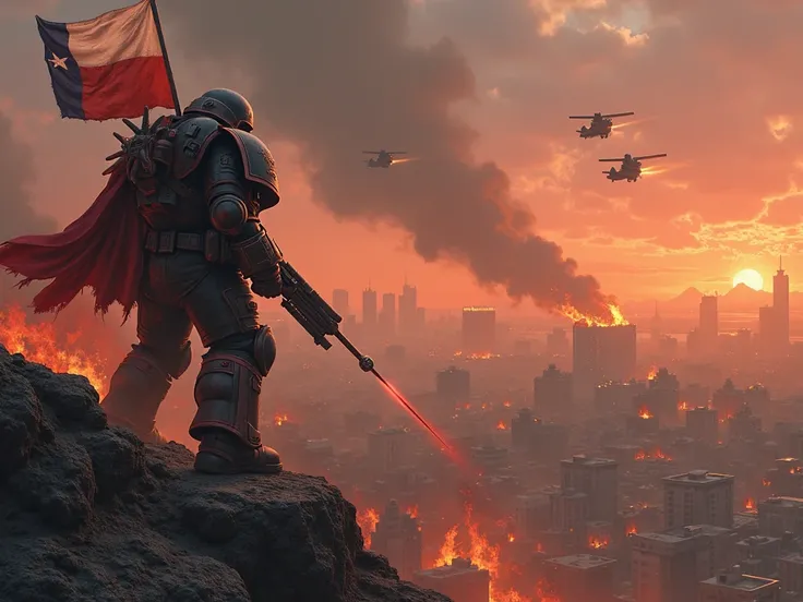 ultramarine skies of Warhammer 40k wounded in Punta Arenas with the city in flames in the background, with armor covered in blood and ash, city ruined by battle and bombing, Chilean flag on top of a building flaming on one edge of it, Fighter fighters flyi...