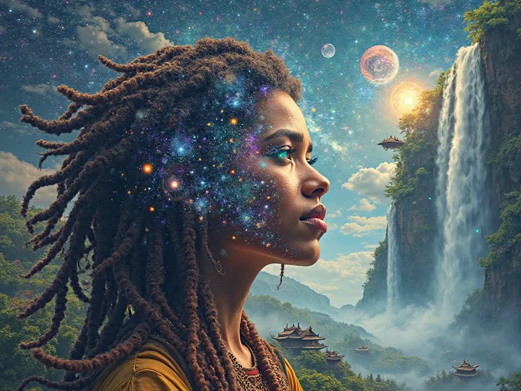 A surreal digital artwork featuring a person with dreadlocks, their face partially dissolving into a cosmic, dreamlike scene. The composition blends hippie aesthetics with surreal elements—floating islands, celestial bodies, and psychedelic colors. The bac...