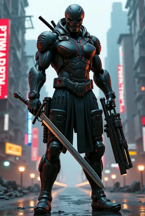  athletic man , cyberpunk armour, Katana in one hand, twelve sawn barrel on the left hand, Unreal 3d style, futuristic skull helmet 