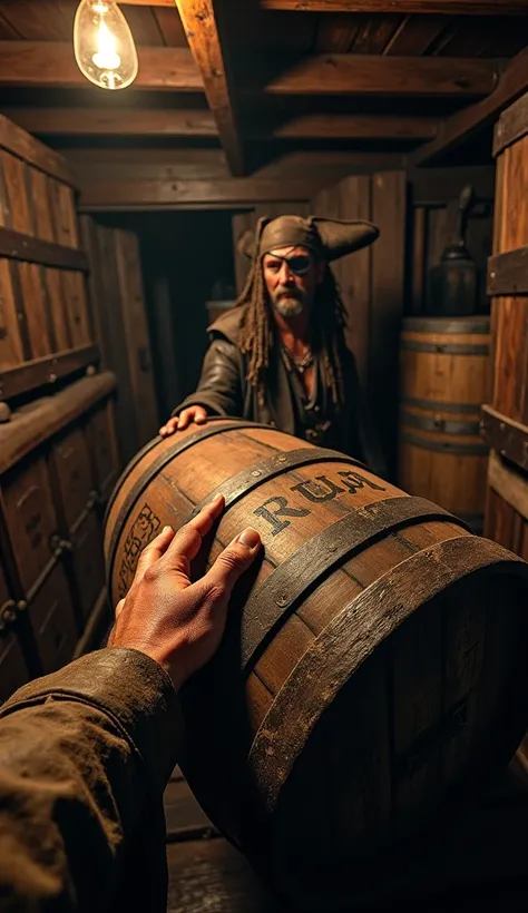 POV first-person view of gripping a heavy, weathered barrel in the dimly lit hold below the deck of a pirate ship in the Caribbean, 1715 AD. The perspective shows dirt-caked hands, rough and scarred, clutching the barrel’s worn wooden surface, marked with ...