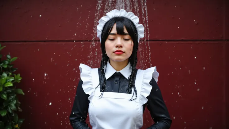 A headshot of a beautiful young Japanese woman wearing a maid outfit standing in front of a dark red brick wall as water is thrown squarely into her face from the side of the screen, completely soaking her.