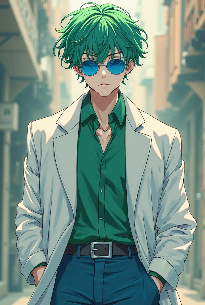 Am anime character, A guy with white skin,  Blue cooling glasses , Green hair, A white Overcoat, A green shirt and blue pants 