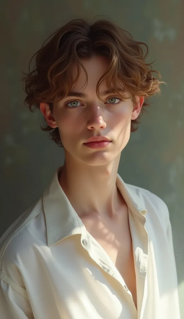 A 20-year-old boy with wavy brown hair blue eyes elegant white dress 