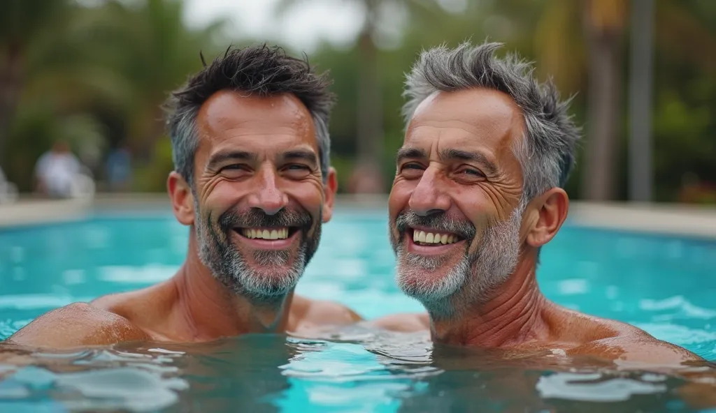 30 years old Two Older man  Over the 30 in pool smiling And Telling And Happy, 8k Ultra HD quality realistic image , black and brown hair colour style , short hair style , add 2 man 