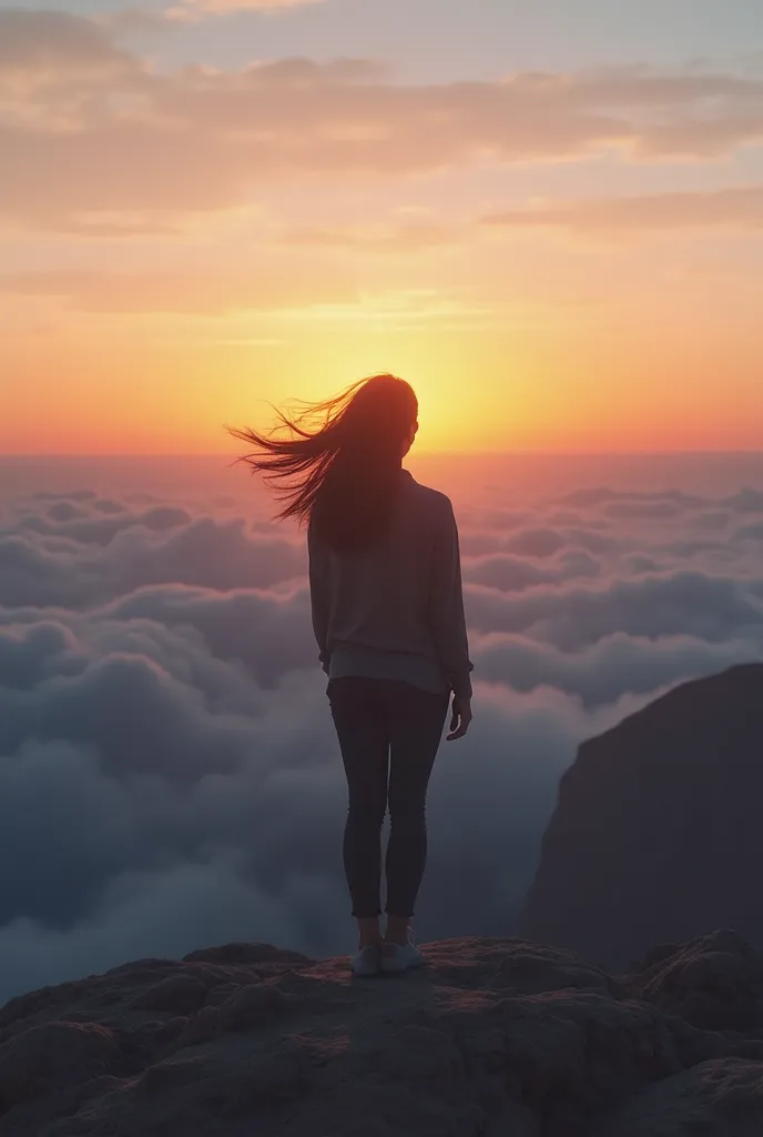 A solitary figure with her back, Stop at the edge of a cliff, looking at a vast horizon illuminated by the sunrise. The sky shows shades of orange , purple and soft blue, creating an atmosphere of fresh start and possibilities. The wind blows softly, sligh...