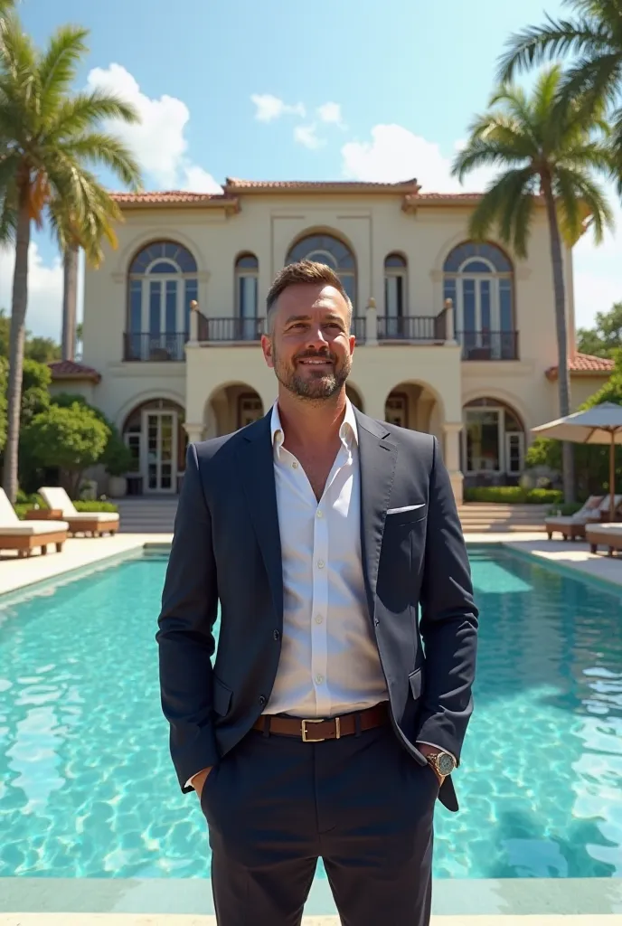 Crypto Millionaire infront of his big house and swim in the pool