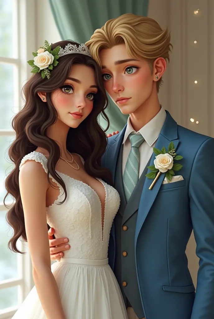 Create brides and grooms aged 20 and 22, The bride must have long and wavy dark brown hair, dark brown eyes, slightly chubby face, and the groom must have dark blond hair, green eyes and light blue clothes and very masculine features 