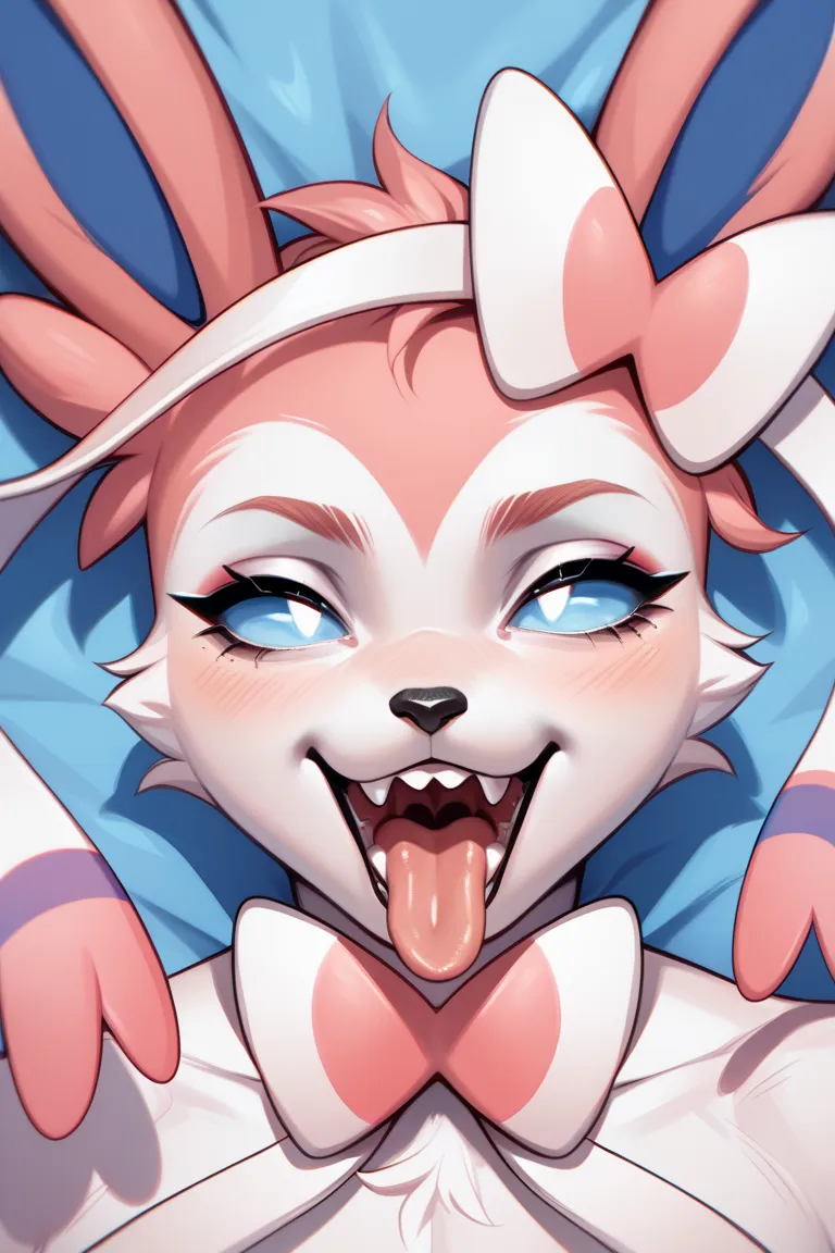 sylveon furry,    Pokemon   ,    mocking expression   ,    attractive,  cartoon , close up of her open mouth, sharp and pointed teeth, long pink tongue sticking out of its mouth, looking at the spectator,   Feminine