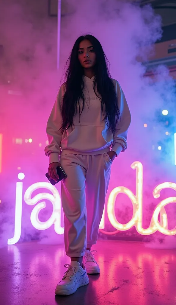 Anto&#39;s photo captures an electrifying combination of confidence and style, which attracts the viewer. Situated on top of the glowing word &quot;janda&quot;, her presence is commanding, but attractive, as bright purple and pink neon lights envelop her i...