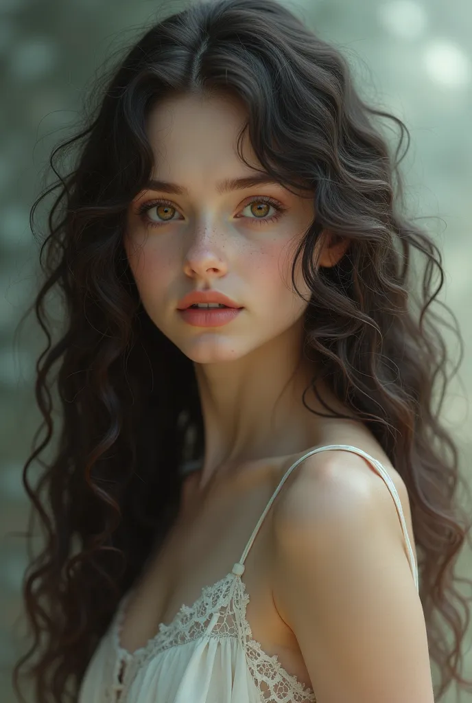 Create one with long curly hair and white skin that looks like twenty years old brown eyes , round face 