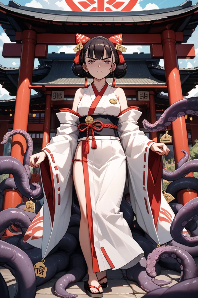 Japanese shrine maiden 　Milking Tentacles 　 I'm entangled in my tentacles　disgust